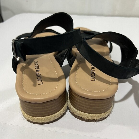 LUCKY BRAND WAEKA WEDGE SANDAL BLACK STRAPY LEATHER WOMEN’S SANDALS SIZE 8 M - Picture 3 of 12